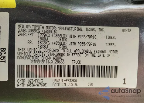 2018 Toyota Tundra Sr5 4.6L V8 из США, поврежденный, VIN 5TFEM5F11JX128666